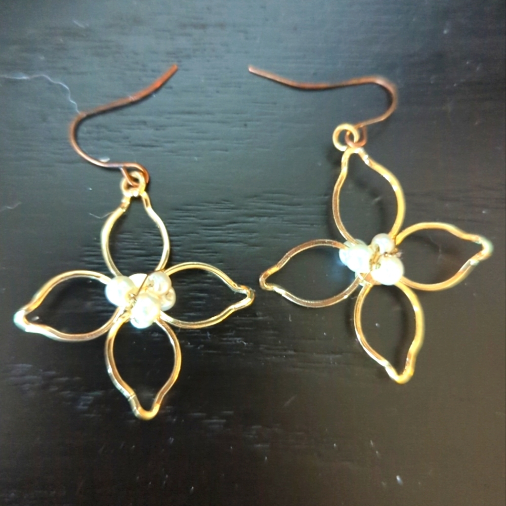 Handcrafted Cultured Pearl Flower Earrings, "Golden Flora"